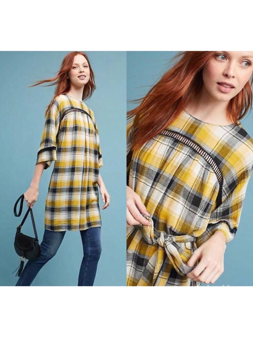 Anthropologie Maeve black yellow plaid tunic top waist tie half sleeve